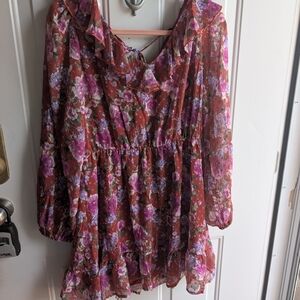 Peach Love California Floral Ruffle Dress - Pink and Purple
